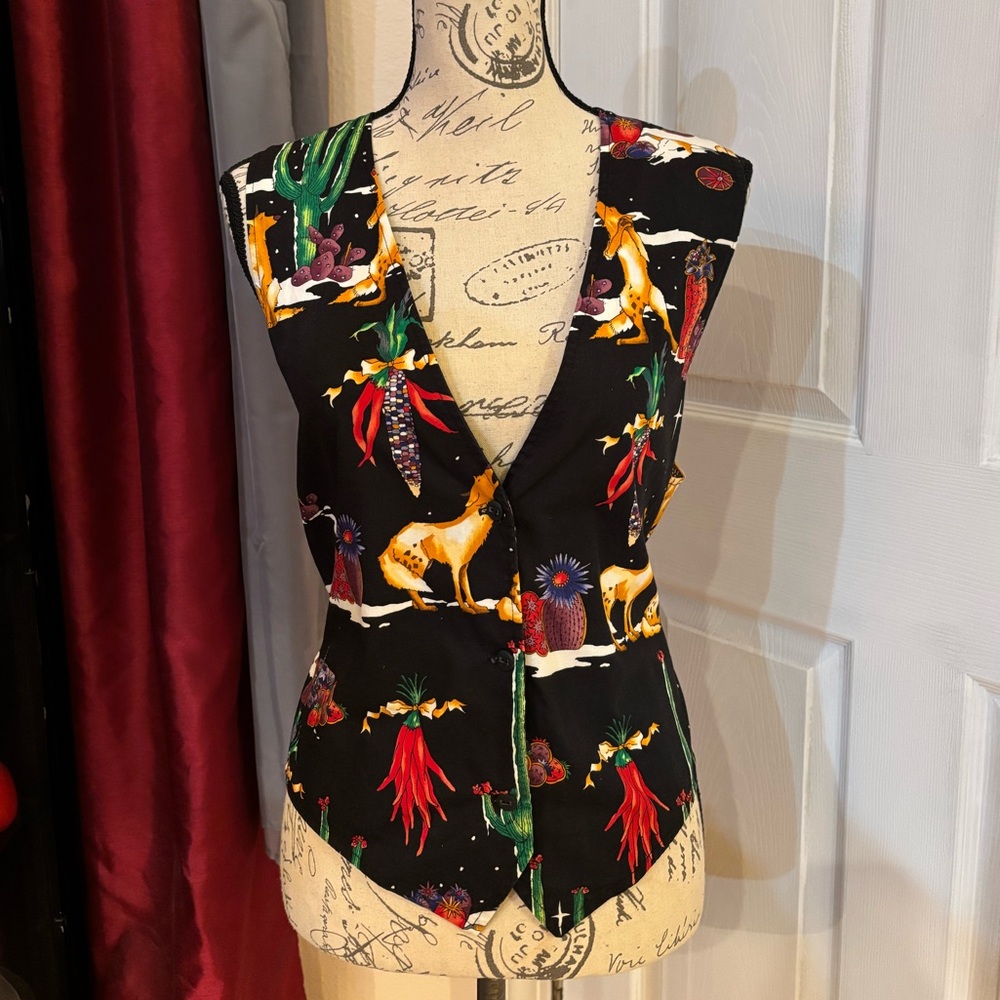 Vintage Handmade Southwestern Coyotes, Cacti & Starry Night Vest with Back Tie